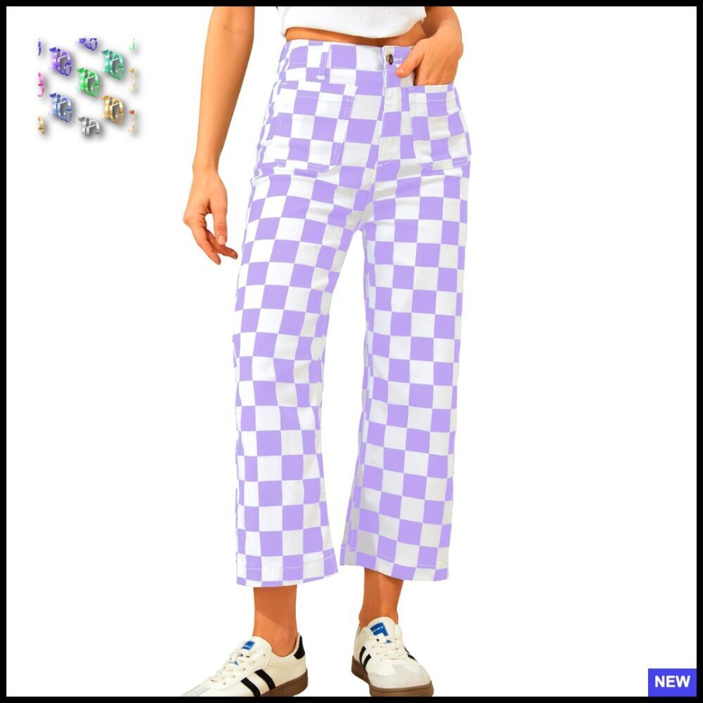 Cropped High Waisted Straight Leg Jeans Stretchy Casual Checkered Trousers